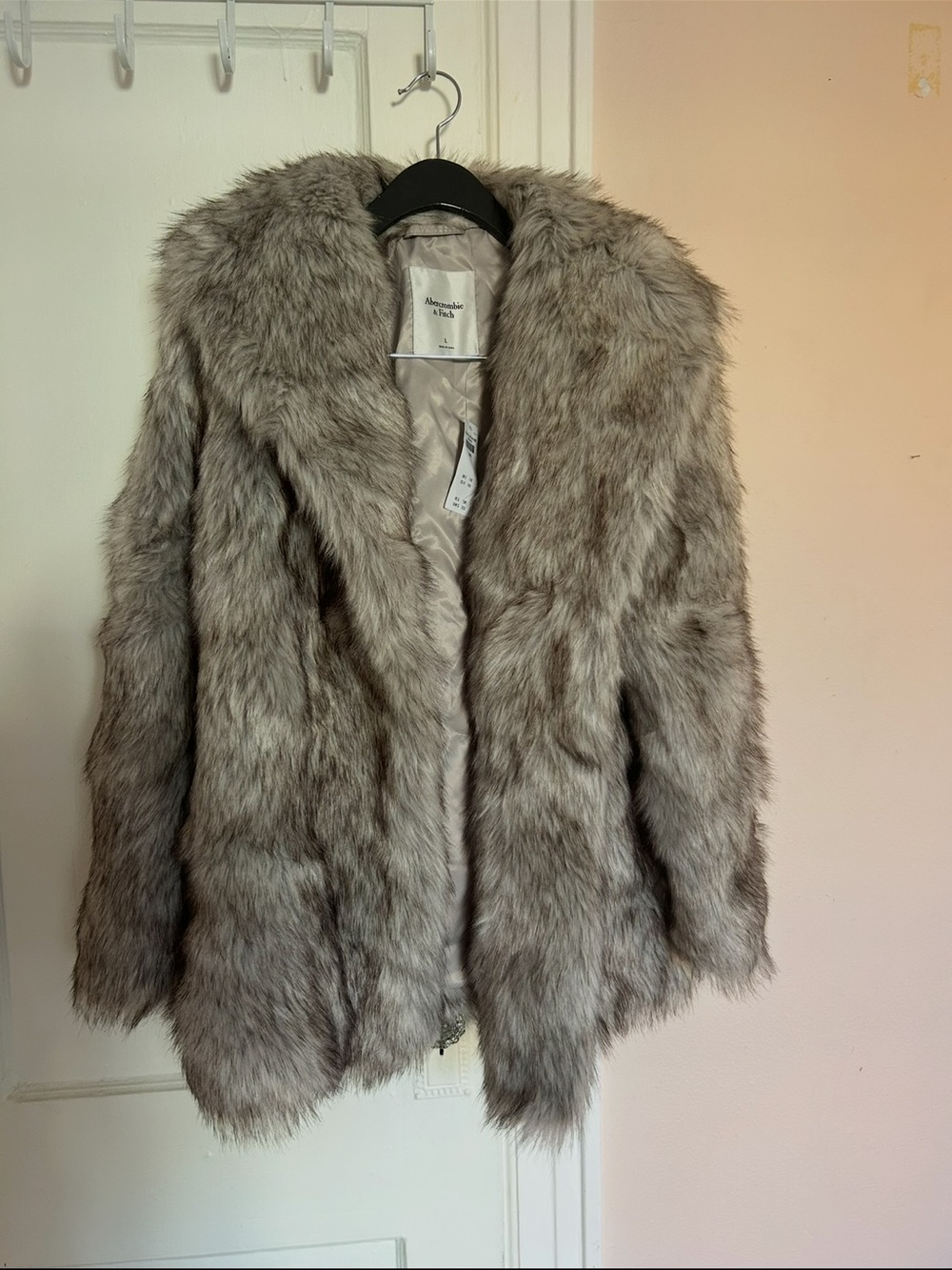 Abercrombie & Fitch Women's Shawl Collar Faux Fur Coat - taupe gray